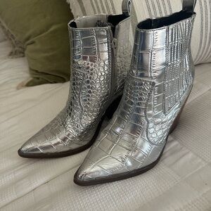 Silver Croc-Embossed Ankle Boots